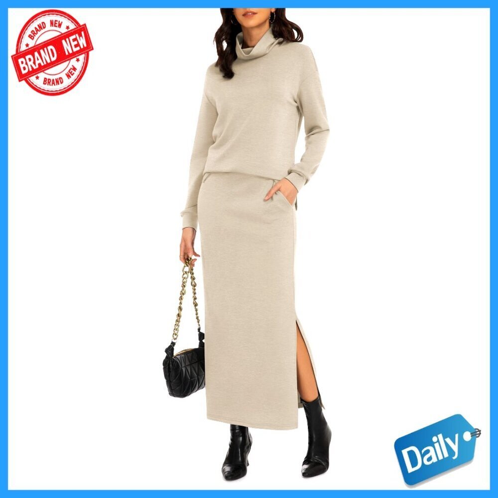 Polyester Blend 2 Piece Skirt Set Long Sleeve Turtleneck Top Pockets Lounge
